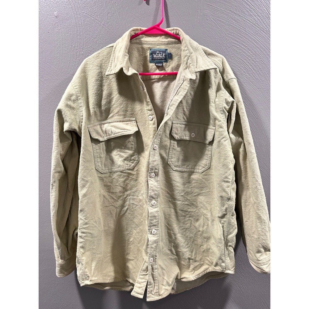 Vintage Woolrich Mens Tan Khaki Chamois Cloth Heavy Cotton Flannel Shirt Large L